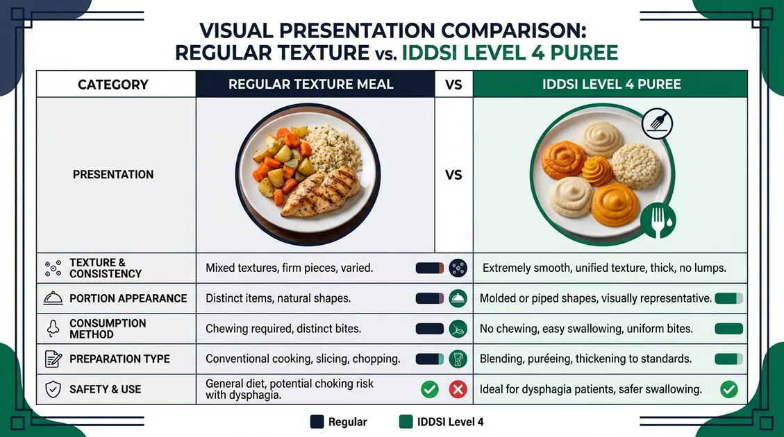 Side-by-side comparison of regular menu tray and puree IDDSI Level 4 modified texture tray Side-by-side comparison of regular menu tray and puree IDDSI Level 4 modified texture tray