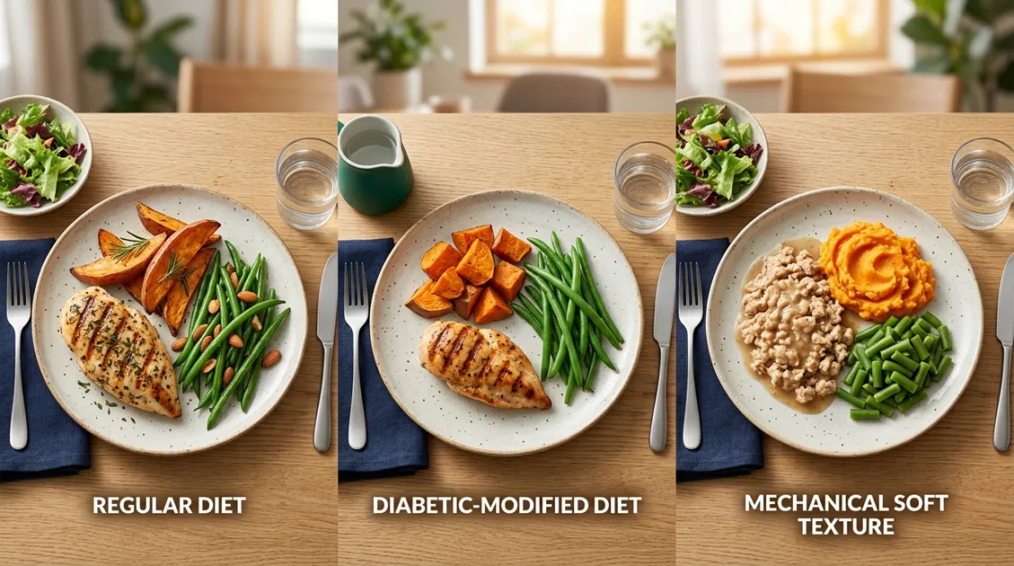 Three plated meals displayed side by side showing regular, diabetic, and mechanical soft texture diet modifications Three plated meals displayed side by side showing regular, diabetic, and mechanical soft texture diet modifications
