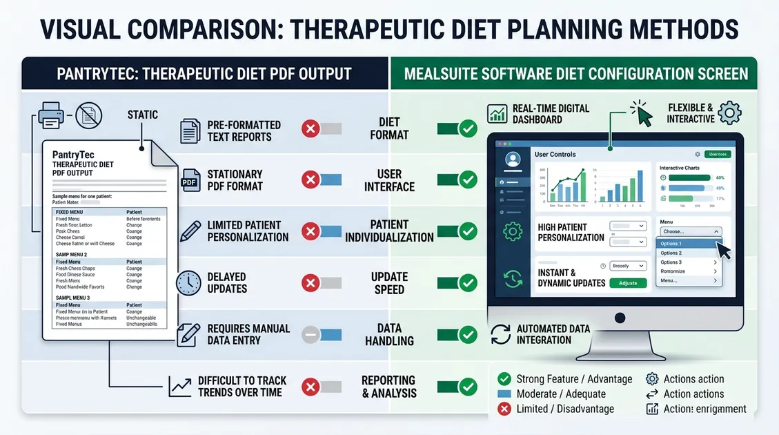 Comparison: Therapeutic diet menu PDF next to software-based diet configuration screen Comparison: Therapeutic diet menu PDF next to software-based diet configuration screen