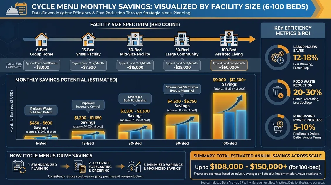 Infographic of cycle menu savings by senior facility size from group home to assisted living Infographic of cycle menu monthly savings by senior facility size, from a 6-bed group home to a 100-bed assisted living community