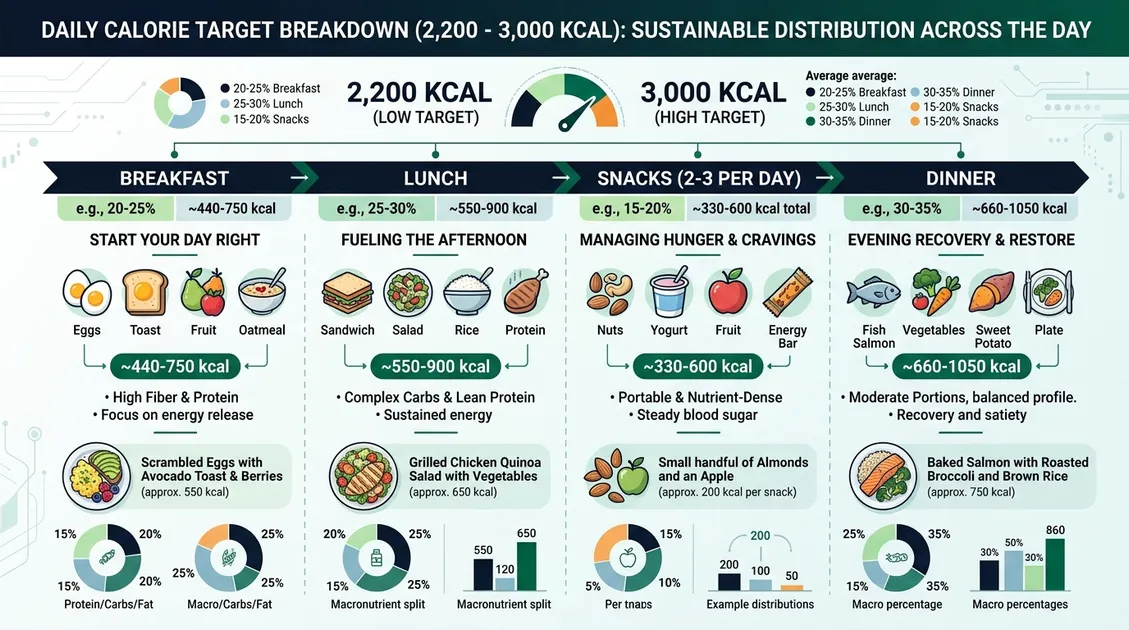 Dietitian-Approved Cycle Menus for Senior Care Facilities - Daily calorie breakdown infographic showing 2200-3000 kcal targets across meals and snacks for seniors Dietitian-Approved Cycle Menus for Senior Care Facilities - Daily calorie breakdown infographic showing 2200-3000 kcal targets across meals and snacks for seniors