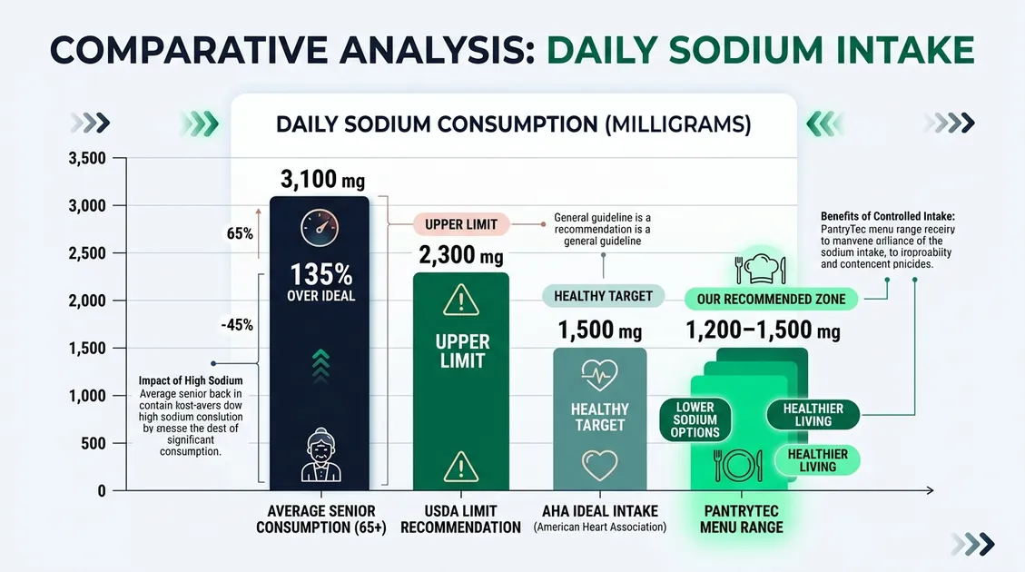 Daily sodium intake bar chart comparing processed food sodium loads against AHA cardiac dietary targets