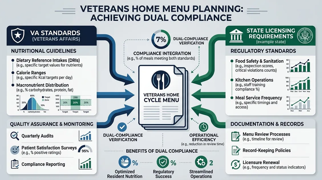 Dietitian-Approved Cycle Menus for Senior Care Facilities - Dual compliance diagram showing VA and state licensing requirements for veterans home cycle menus Dietitian-Approved Cycle Menus for Senior Care Facilities - Dual compliance diagram showing VA and state licensing requirements for veterans home cycle menus