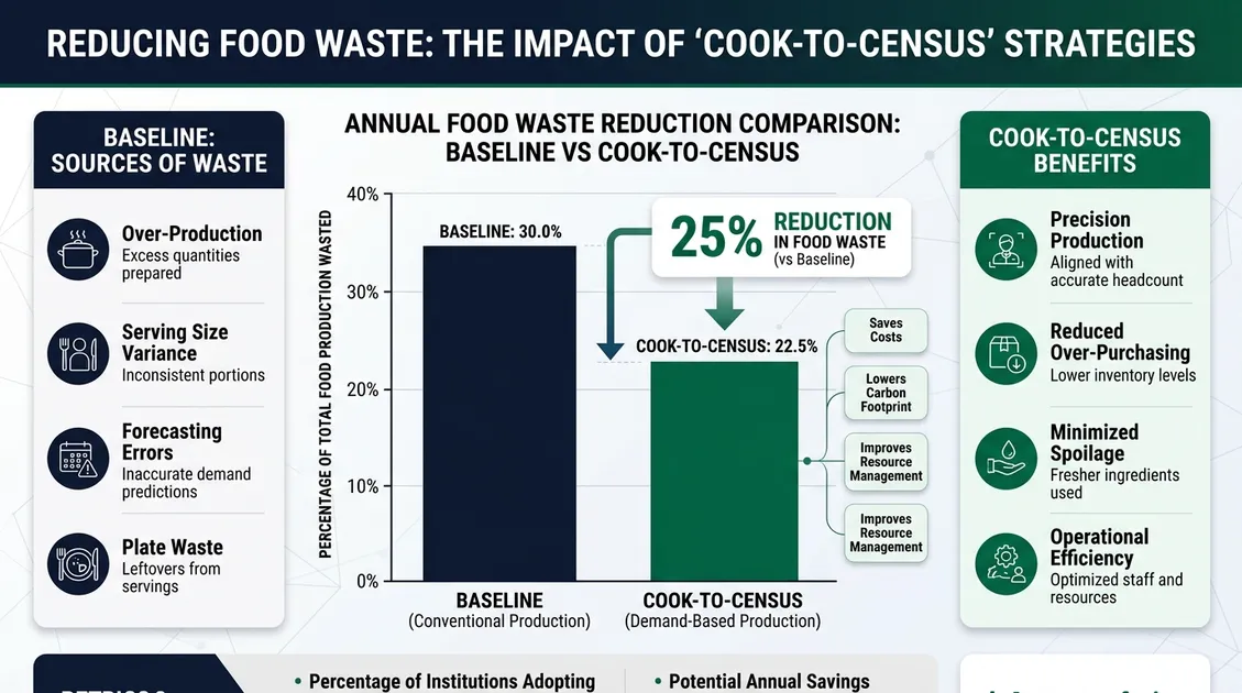 Infographic: food waste reduction bar chart (25% with cook-to-census vs baseline) Infographic: food waste reduction bar chart (25% with cook-to-census vs baseline)