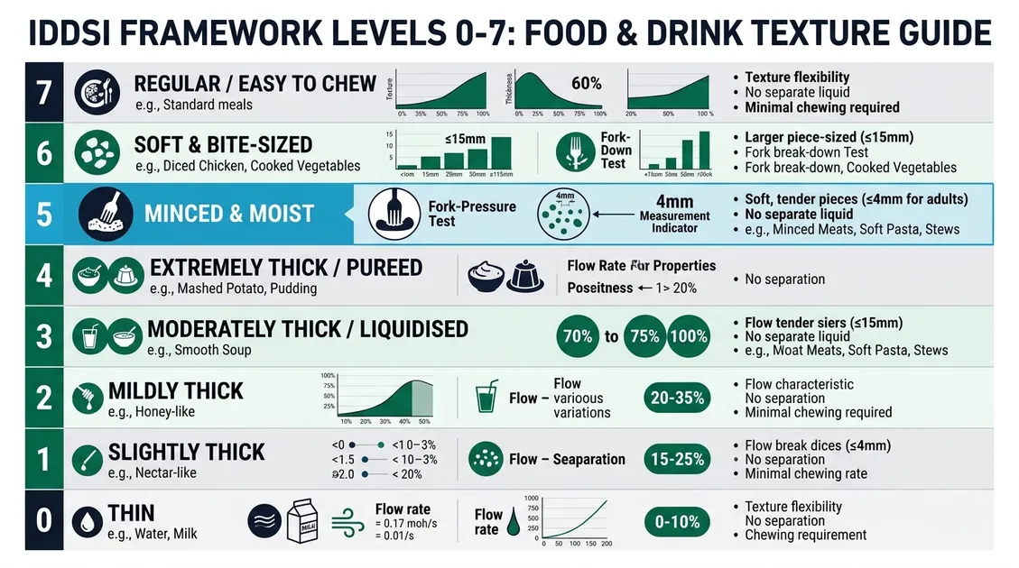 Dietitian-Approved Cycle Menus for Senior Care Facilities - IDDSI Framework levels 0-7 infographic with Level 5 minced and moist highlighted showing 4mm particle size requirement Dietitian-Approved Cycle Menus for Senior Care Facilities - IDDSI Framework levels 0-7 infographic with Level 5 minced and moist highlighted showing 4mm particle size requirement