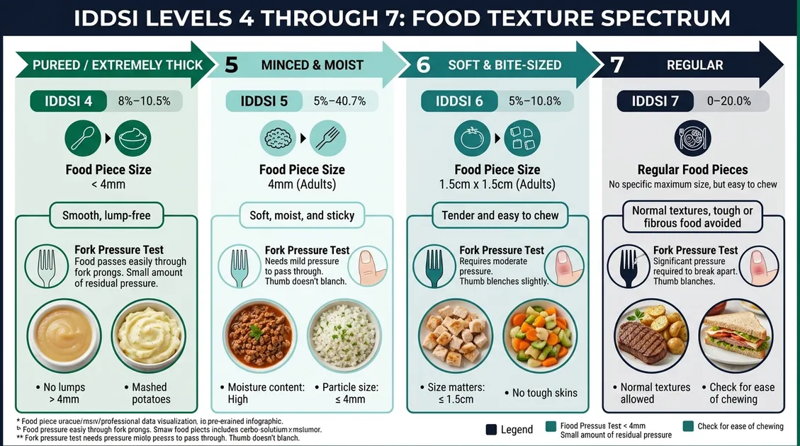 Dietitian-Approved Cycle Menus for Senior Care Facilities - IDDSI texture levels 4 through 7 comparison infographic showing food piece sizes and fork-pressure test methods Dietitian-Approved Cycle Menus for Senior Care Facilities - IDDSI texture levels 4 through 7 comparison infographic showing food piece sizes and fork-pressure test methods