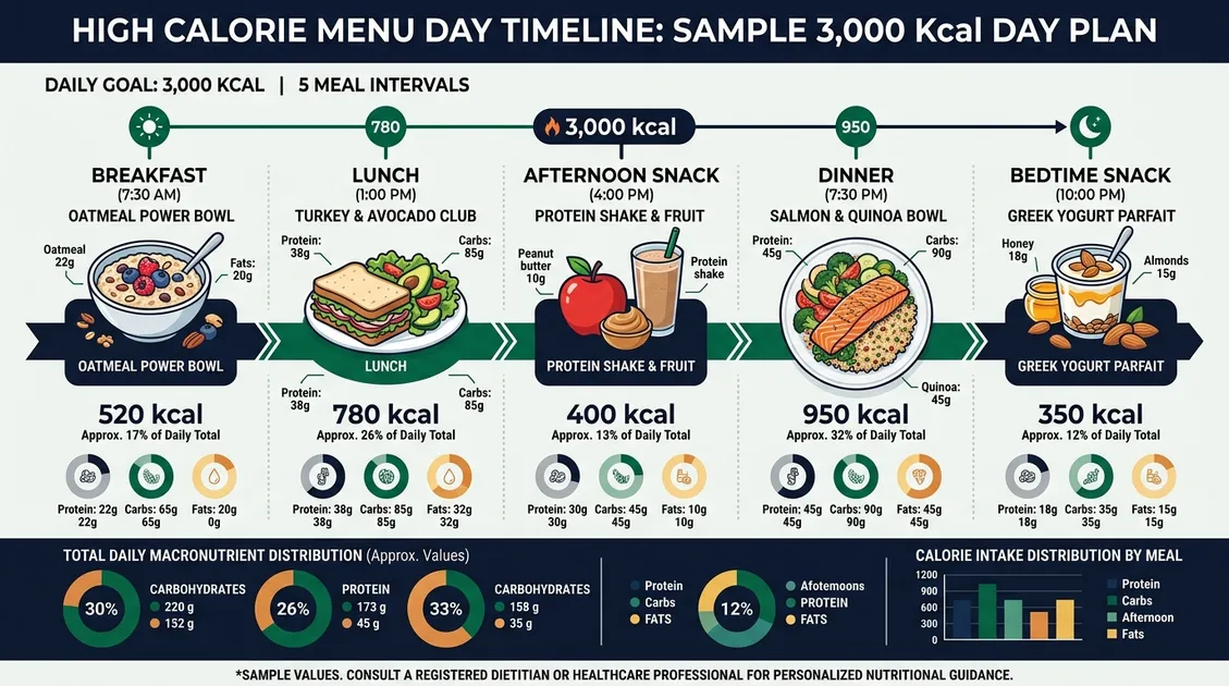 Sample high calorie menu day infographic showing meal-by-meal calorie breakdown totaling 3000 kcal Sample high calorie menu day infographic showing meal-by-meal calorie breakdown totaling 3000 kcal