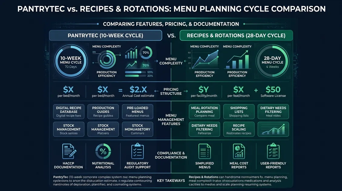 Dietitian-Approved Cycle Menus for Senior Care Facilities - Side-by-side comparison infographic of PantryTec and Recipes & Rotations features and pricing Dietitian-Approved Cycle Menus for Senior Care Facilities - Side-by-side comparison infographic of PantryTec and Recipes & Rotations features and pricing