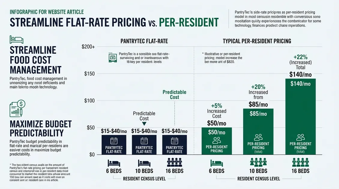 Infographic comparing PantryTec flat-rate pricing at $15-$40 per month versus per-resident competitor pricing models Infographic comparing PantryTec flat-rate pricing at $15-$40 per month versus per-resident competitor pricing models