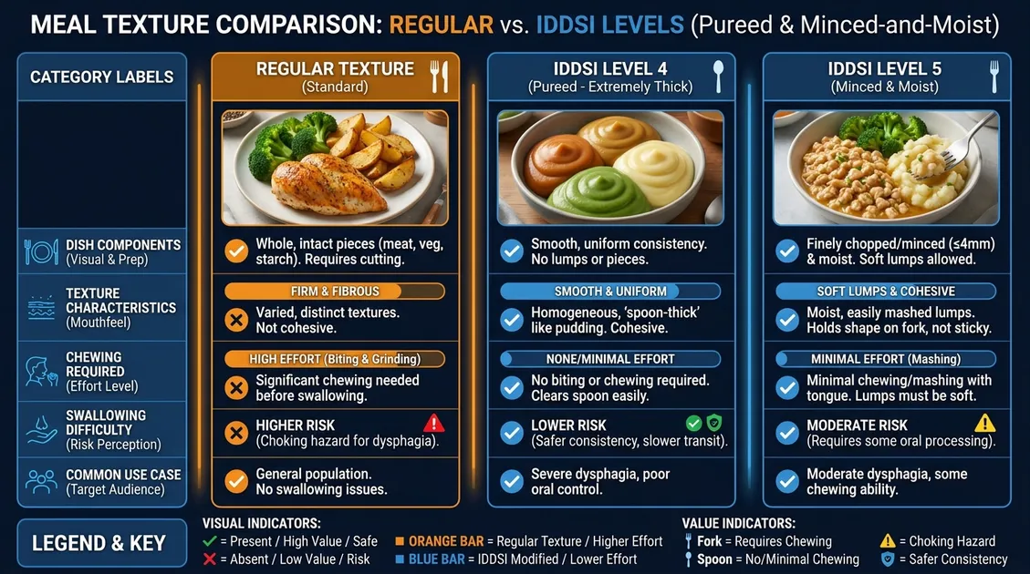 Regular, IDDSI Level 4 pureed, and Level 5 minced-and-moist versions of one senior meal Meal texture comparison: regular, IDDSI Level 4 pureed, and Level 5 minced-and-moist versions of one senior care meal