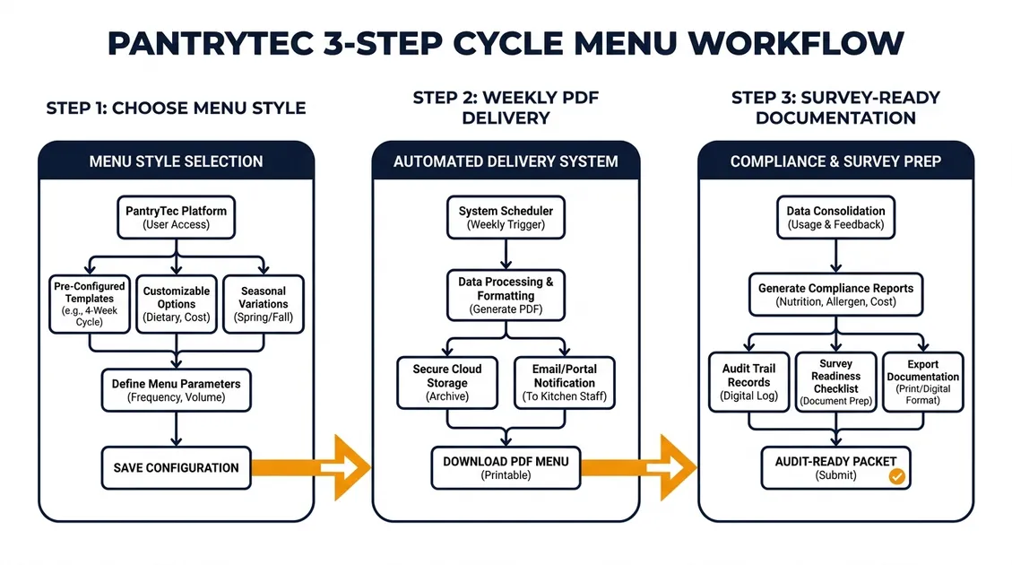 Diagram of the PantryTec three-step cycle menu workflow from menu style to PDF delivery Diagram of the PantryTec three-step cycle menu workflow: choose a menu style, weekly PDF delivery, and survey-ready documentation