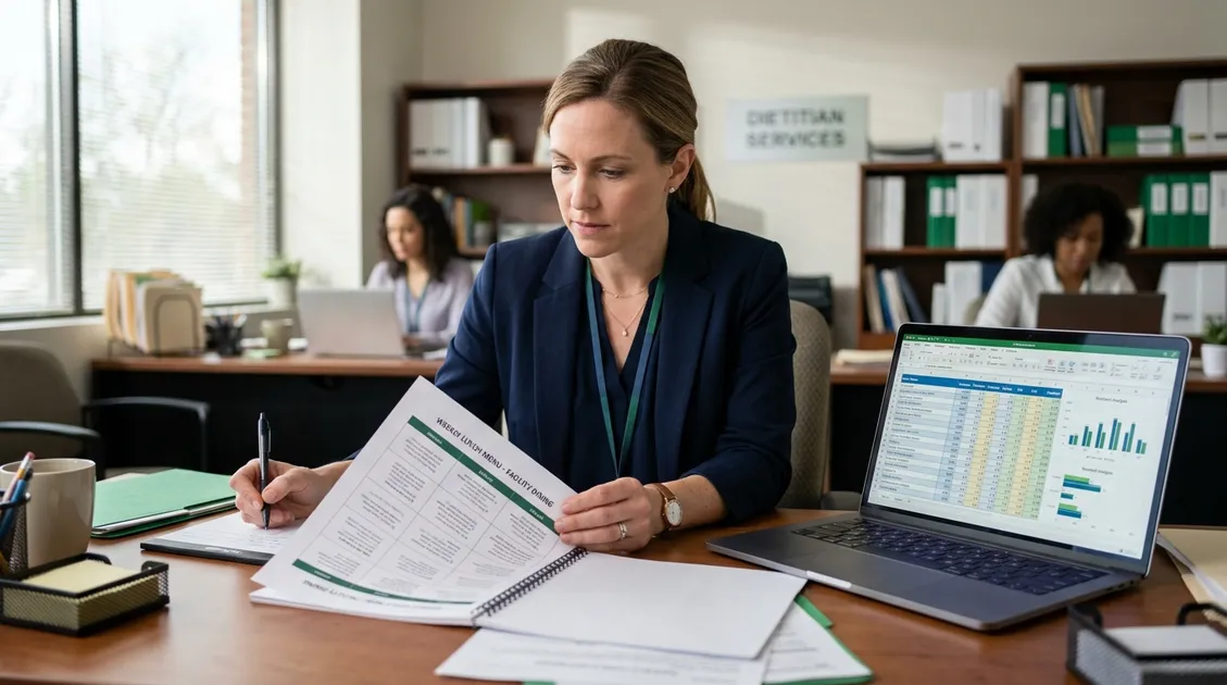 Dietitian-Approved Cycle Menus for Senior Care Facilities - Registered Dietitian reviewing nutrient analysis documents for senior care menus Dietitian-Approved Cycle Menus for Senior Care Facilities - Registered Dietitian reviewing nutrient analysis documents for senior care menus