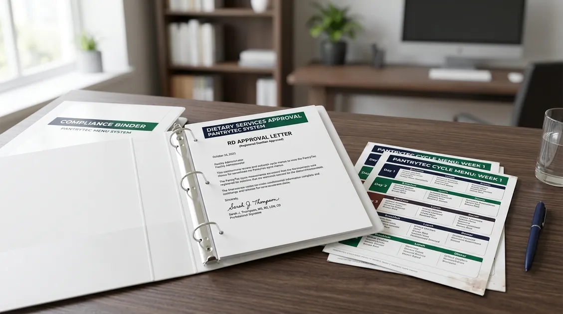 RD Approval Letter and compliance binder with PantryTec printed menus on a facility administrator desk RD Approval Letter and compliance binder with PantryTec printed menus on a facility administrator desk