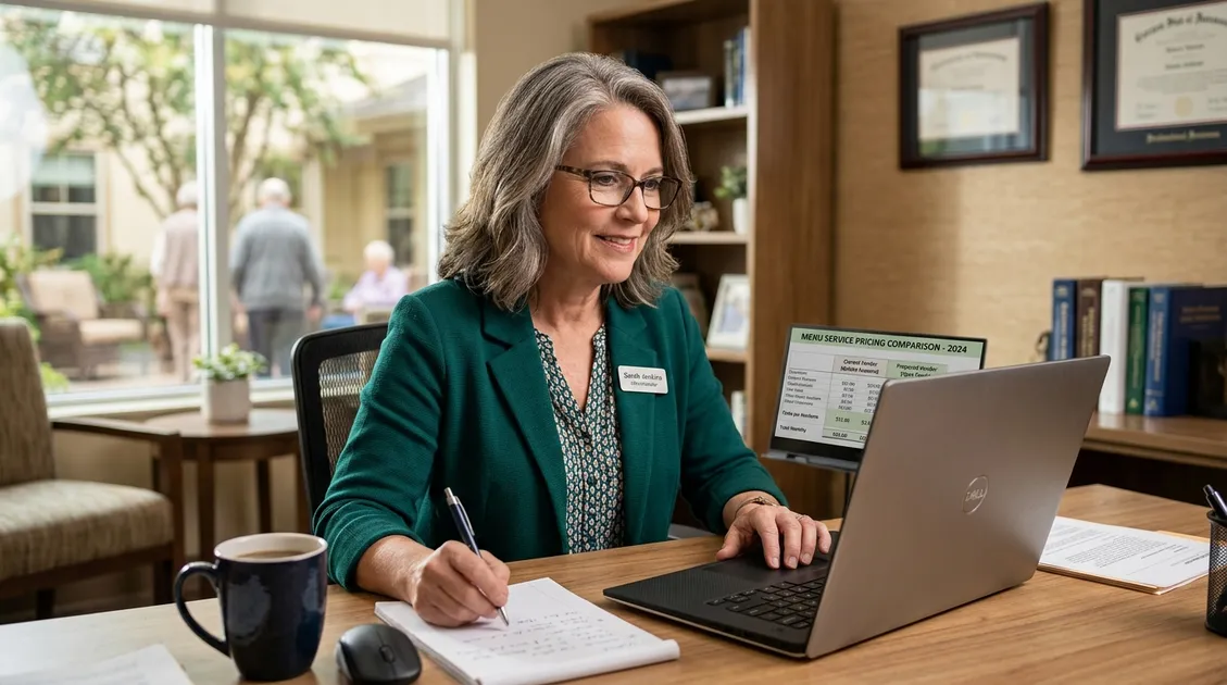 Dietitian-Approved Cycle Menus for Senior Care Facilities - Registered Dietitian reviewing printed cycle menu with compliance documentation Dietitian-Approved Cycle Menus for Senior Care Facilities - Registered Dietitian reviewing printed cycle menu with compliance documentation