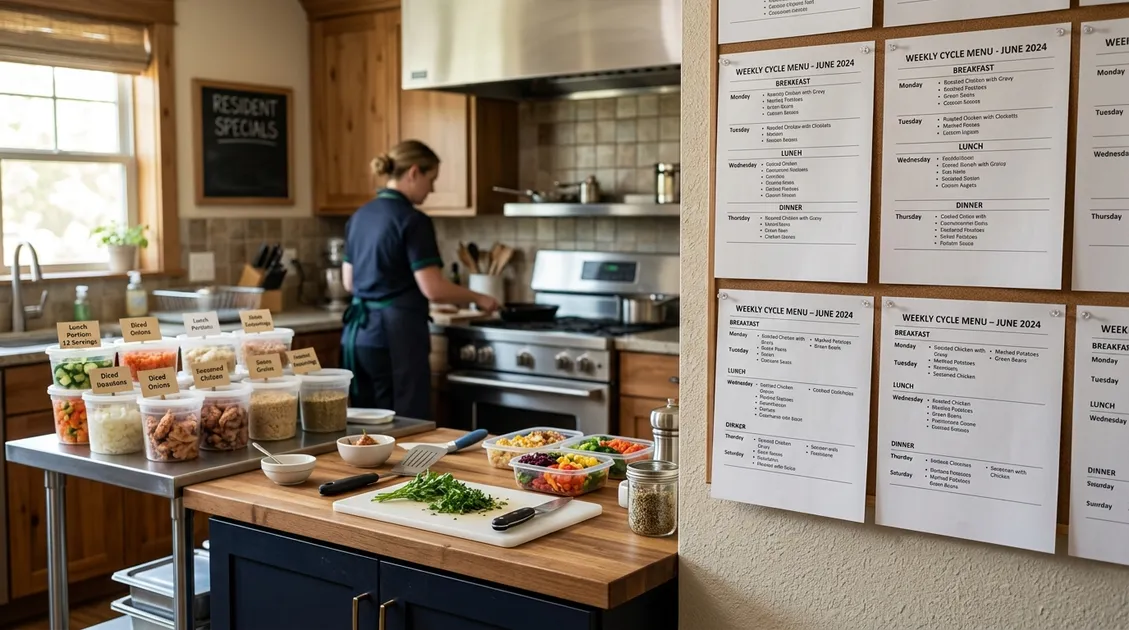 Dietitian-Approved Cycle Menus for Senior Care Facilities - Board and care home residential kitchen with printed cycle menus posted on the wall next to a weekly meal prep station Dietitian-Approved Cycle Menus for Senior Care Facilities - Board and care home residential kitchen with printed cycle menus posted on the wall next to a weekly meal prep station