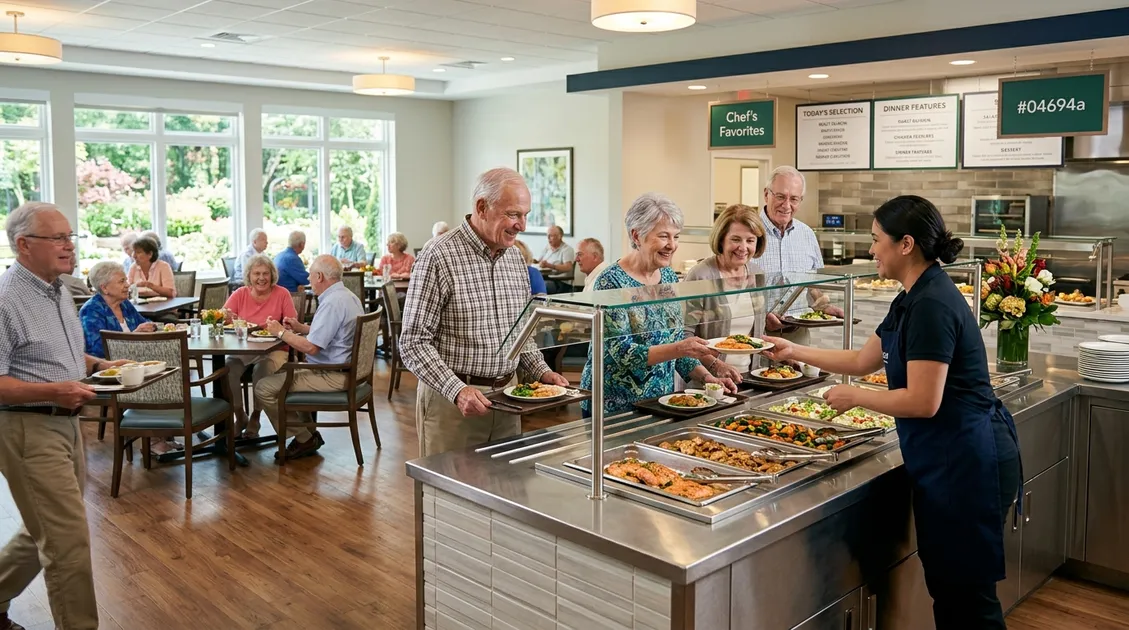 Dietitian-Approved Cycle Menus for Senior Care Facilities - Independent living community dining room with residents selecting entrées from a restaurant-style buffet Dietitian-Approved Cycle Menus for Senior Care Facilities - Independent living community dining room with residents selecting entrées from a restaurant-style buffet