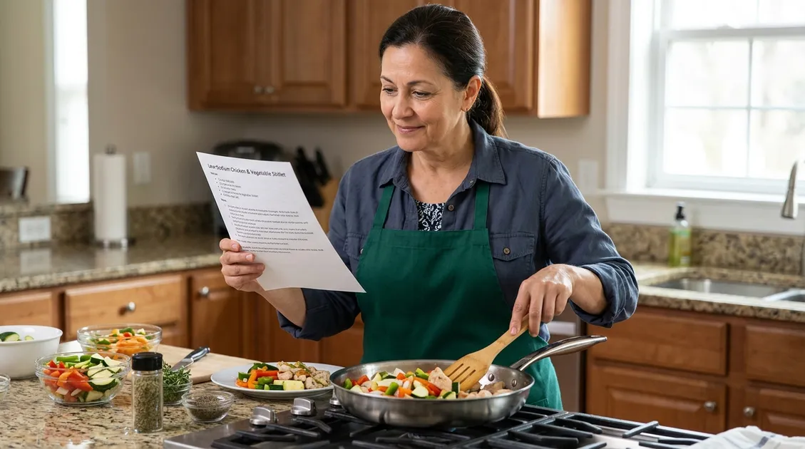 Caregiver in a residential kitchen preparing a sodium-restricted meal using a printed therapeutic diet recipe card Caregiver in a residential kitchen preparing a sodium-restricted meal using a printed therapeutic diet recipe card