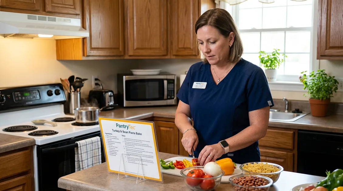 Caregiver in a group home kitchen following a printed standardized recipe card while preparing a resident meal Caregiver in a group home kitchen following a printed standardized recipe card while preparing a resident meal