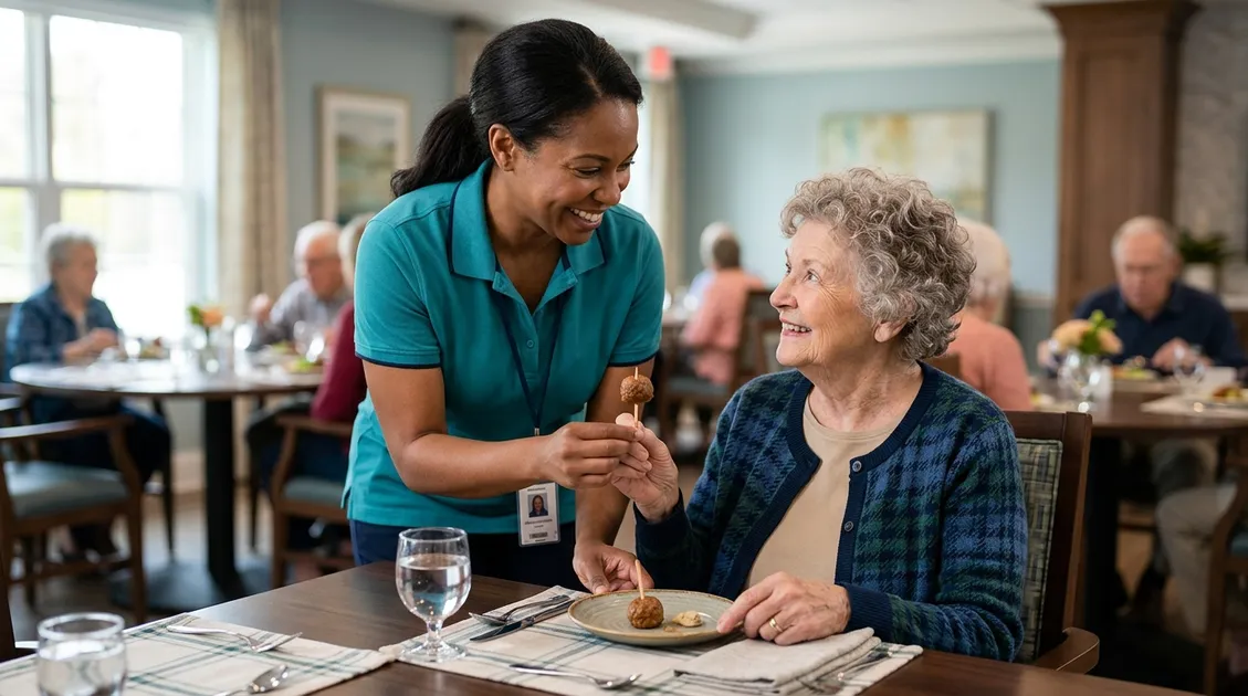 Dietitian-Approved Cycle Menus for Senior Care Facilities - Caregiver assisting senior resident with finger food snack in memory care dining room Dietitian-Approved Cycle Menus for Senior Care Facilities - Caregiver assisting senior resident with finger food snack in memory care dining room