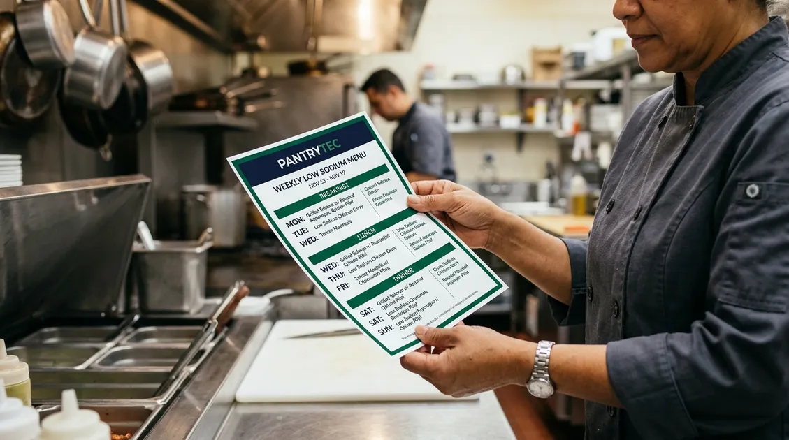 Dietitian-Approved Cycle Menus for Senior Care Facilities - Kitchen manager reviewing a PantryTec printed PDF low sodium menu posted on a facility kitchen wall Dietitian-Approved Cycle Menus for Senior Care Facilities - Kitchen manager reviewing a PantryTec printed PDF low sodium menu posted on a facility kitchen wall