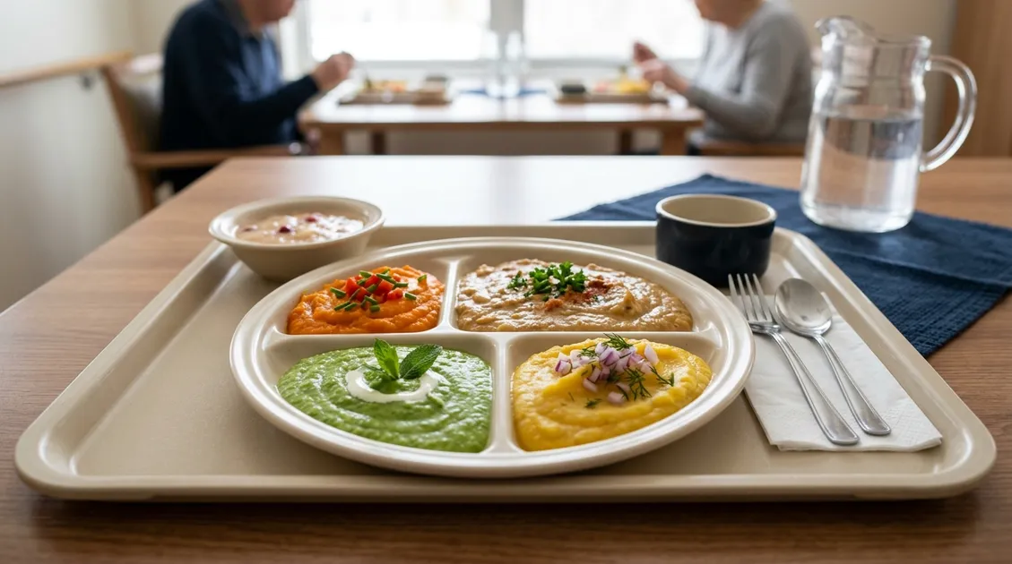 Texture-modified pureed meal on institutional tray with colorful appetizing presentation Texture-modified pureed meal on institutional tray with colorful appetizing presentation