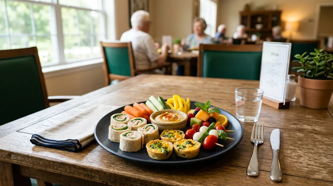 Dietitian-Approved Cycle Menus for Senior Care Facilities - Colorful finger food meal tray arranged for memory care resident with high-contrast plates Dietitian-Approved Cycle Menus for Senior Care Facilities - Colorful finger food meal tray arranged for memory care resident with high-contrast plates
