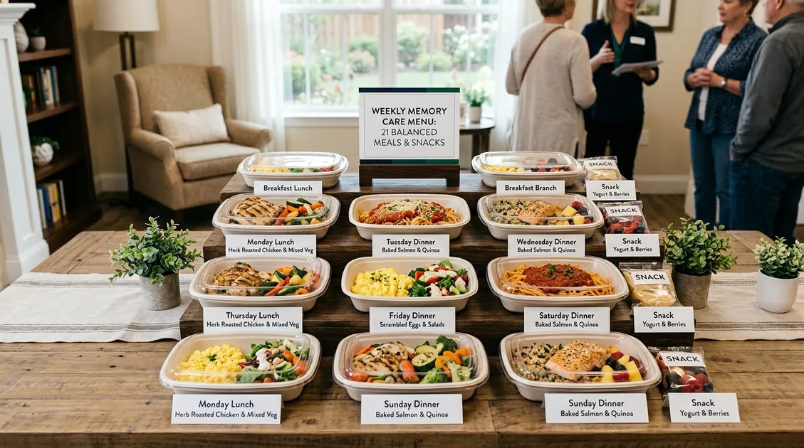 Complete weekly meal spread for memory care unit with high-contrast finger food items Complete weekly meal spread for memory care unit with high-contrast finger food items