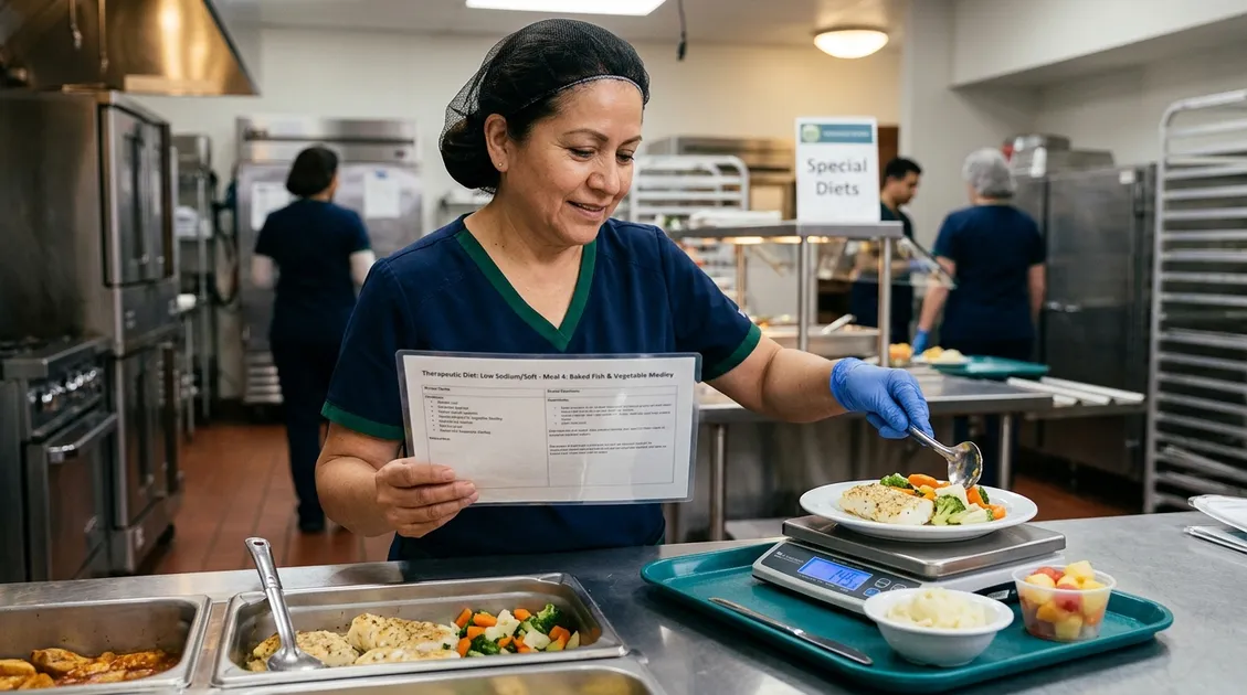 Dietary aide portioning a meal tray using standardized recipe card and digital scale in senior care kitchen Dietary aide portioning a meal tray using standardized recipe card and digital scale in senior care kitchen