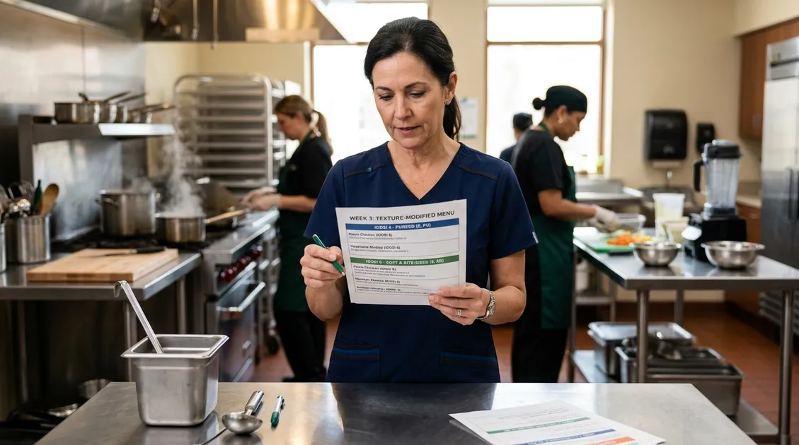 Dietitian-Approved Cycle Menus for Senior Care Facilities - Dietary manager reviewing an IDDSI-compliant menu in a senior care kitchen Dietitian-Approved Cycle Menus for Senior Care Facilities - Dietary manager reviewing an IDDSI-compliant menu in a senior care kitchen
