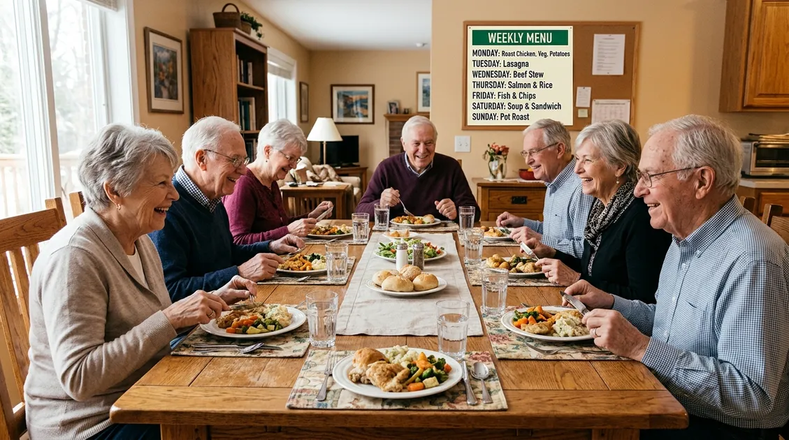 Group home dining room with 8-10 senior residents eating a served meal together at a home-style table Group home dining room with 8-10 senior residents eating a served meal together at a home-style table