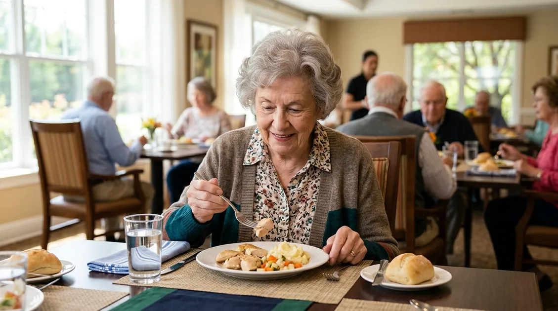 Elderly assisted living resident eating a soft and bite-sized IDDSI Level 6 meal independently with a fork Elderly assisted living resident eating a soft and bite-sized IDDSI Level 6 meal independently with a fork