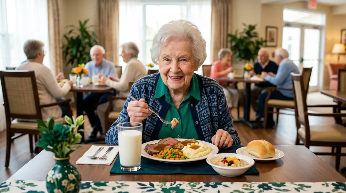 Dietitian-Approved Cycle Menus for Senior Care Facilities - Elderly resident eating a calorie-dense fortified meal in an assisted living dining room Dietitian-Approved Cycle Menus for Senior Care Facilities - Elderly resident eating a calorie-dense fortified meal in an assisted living dining room