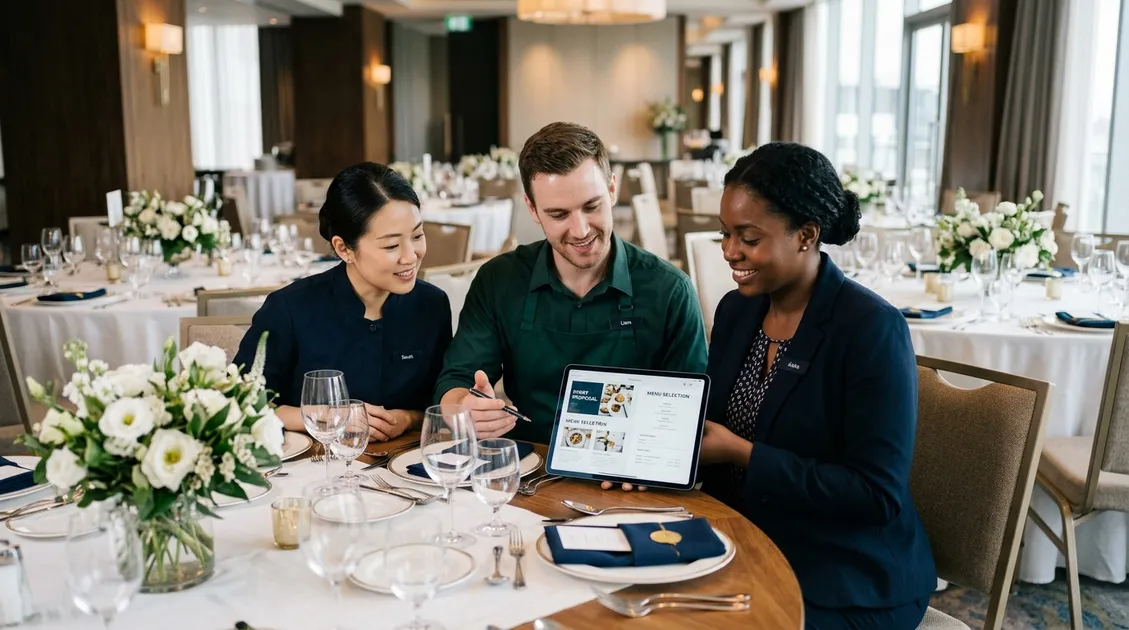 Dietitian-Approved Cycle Menus for Senior Care Facilities - Event catering team reviewing a digital proposal on tablet at banquet hall setup Dietitian-Approved Cycle Menus for Senior Care Facilities - Event catering team reviewing a digital proposal on tablet at banquet hall setup