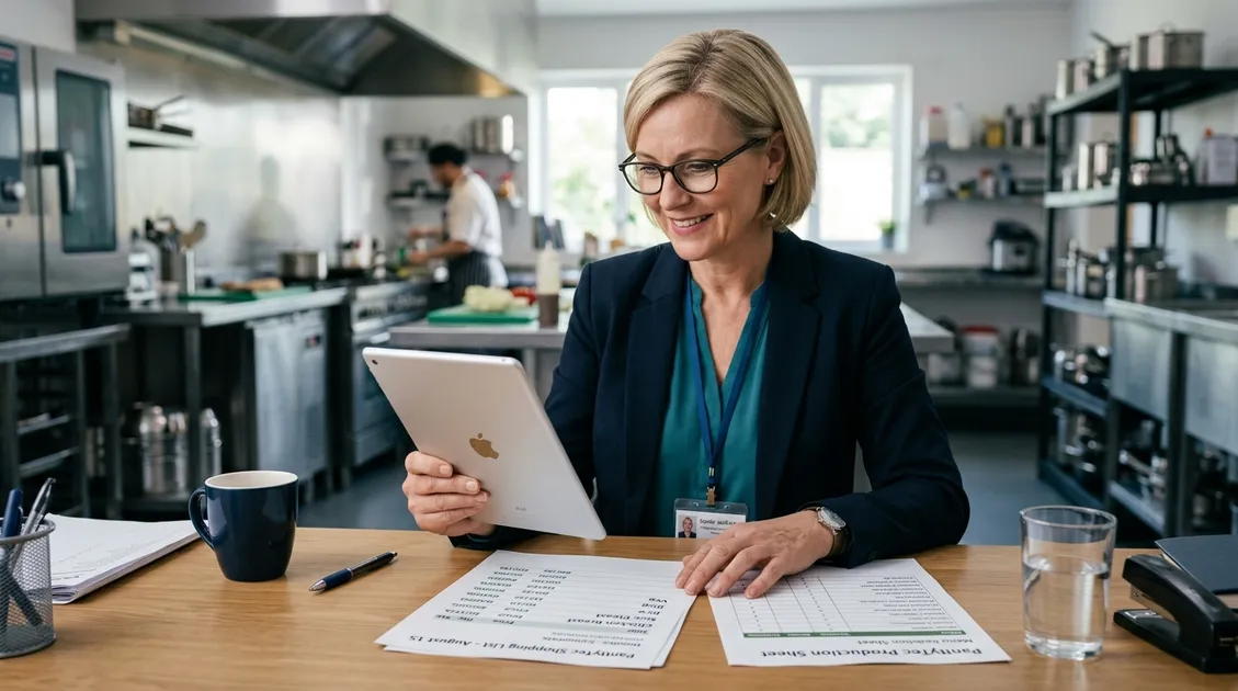 SNF food service director comparing wholesale grocery prices next to a PantryTec shopping list SNF food service director comparing wholesale grocery prices next to a PantryTec shopping list