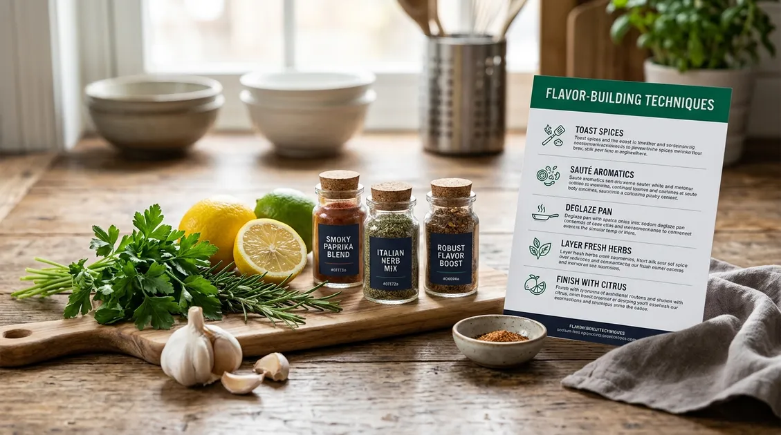 Fresh herbs lemon garlic and spices arranged on a cutting board next to a PantryTec standardized recipe card Fresh herbs lemon garlic and spices arranged on a cutting board next to a PantryTec standardized recipe card