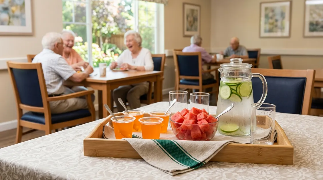Hydration and low sodium snack tray with gelatin cups and water for senior care residents on therapeutic cardiac diet