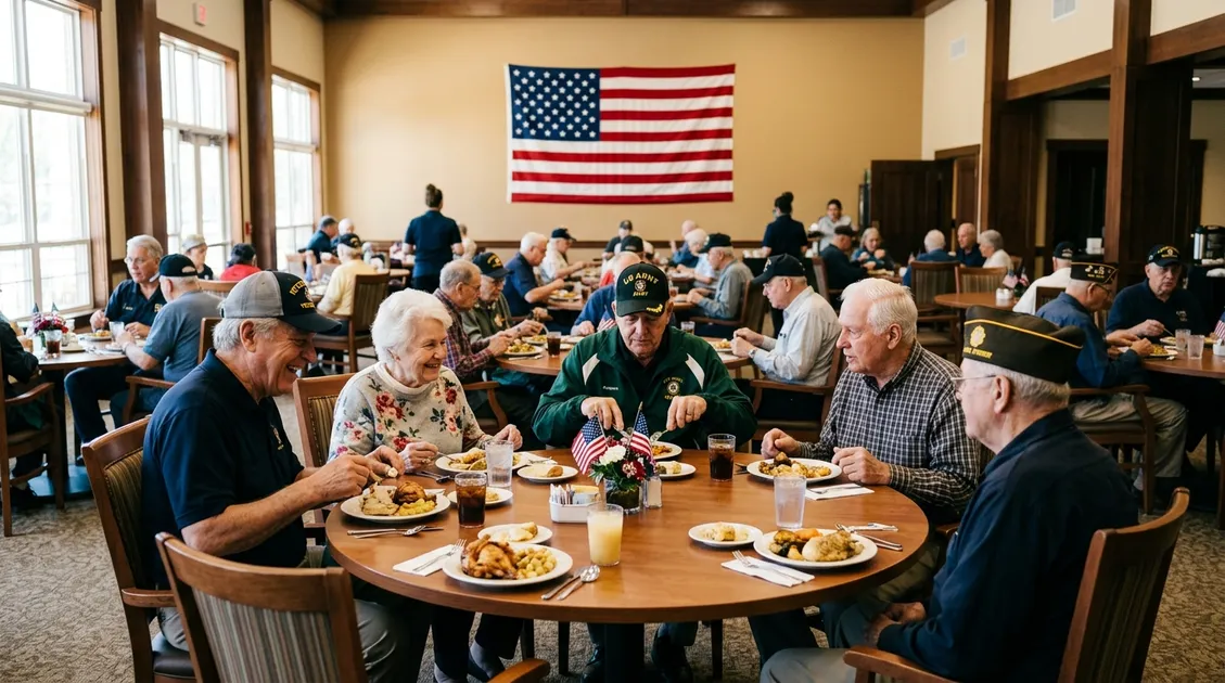 Dietitian-Approved Cycle Menus for Senior Care Facilities - Veterans home dining room with elderly veteran residents eating a plated lunch at round tables Dietitian-Approved Cycle Menus for Senior Care Facilities - Veterans home dining room with elderly veteran residents eating a plated lunch at round tables