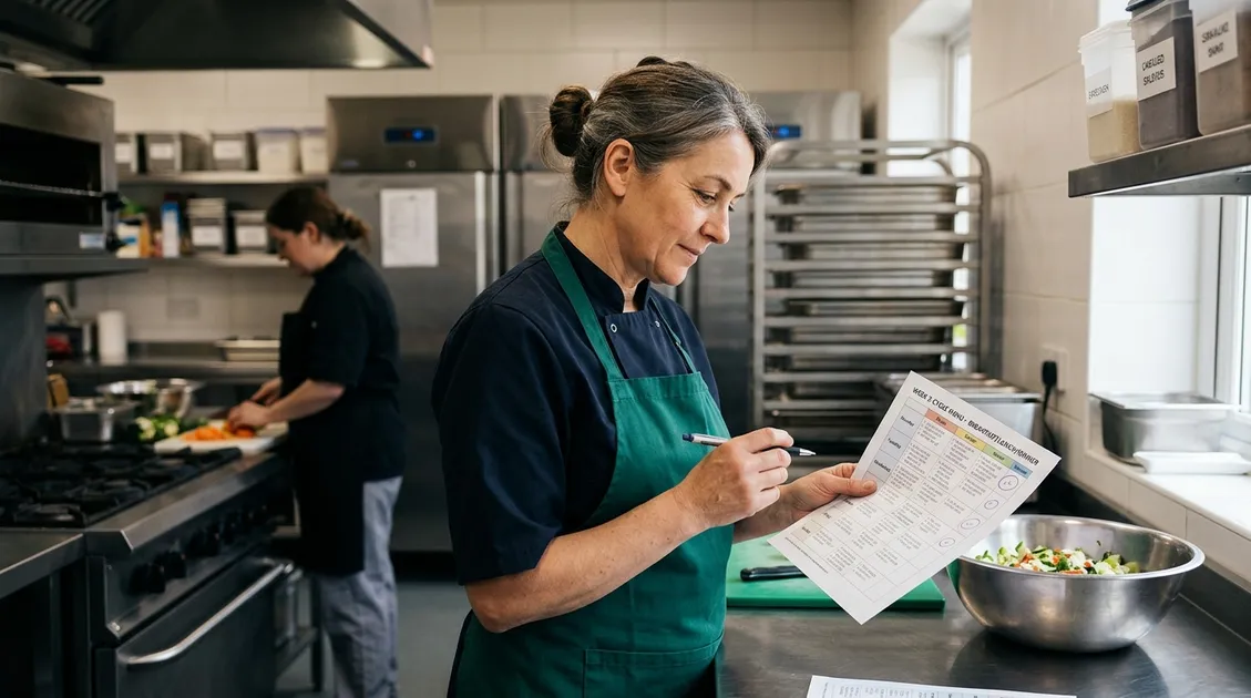Kitchen manager printing weekly cycle menu PDF in senior care facility kitchen Kitchen manager printing weekly cycle menu PDF in senior care facility kitchen