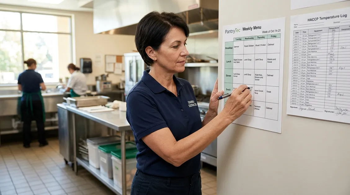 Dietitian-Approved Cycle Menus for Senior Care Facilities - Kitchen manager reviewing printed PantryTec weekly cycle menu on assisted living kitchen wall Dietitian-Approved Cycle Menus for Senior Care Facilities - Kitchen manager reviewing printed PantryTec weekly cycle menu on assisted living kitchen wall