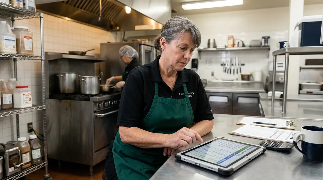 Small facility kitchen manager reviewing a wholesale price comparison shopping list on a tablet Small facility kitchen manager reviewing a wholesale price comparison shopping list on a tablet