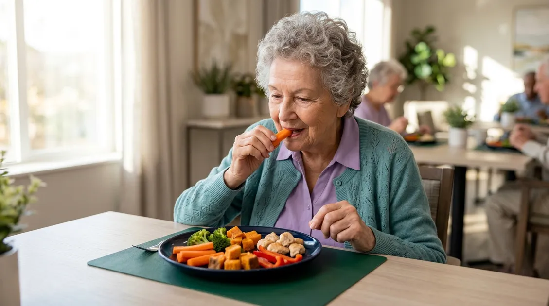 Dietitian-Approved Cycle Menus for Senior Care Facilities - Memory care resident eating soft finger food items independently at a dining table Dietitian-Approved Cycle Menus for Senior Care Facilities - Memory care resident eating soft finger food items independently at a dining table