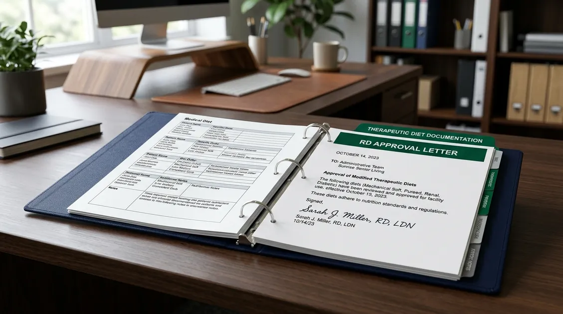 Open compliance binder on desk showing RD approval letter and signed therapeutic diet menu Open compliance binder on desk showing RD approval letter and signed therapeutic diet menu