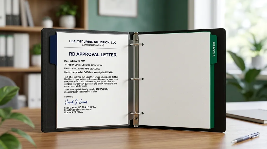 Compliance binder open to dietitian-signed RD Approval Letter next to printed cycle menu Compliance binder open to dietitian-signed RD Approval Letter next to printed cycle menu