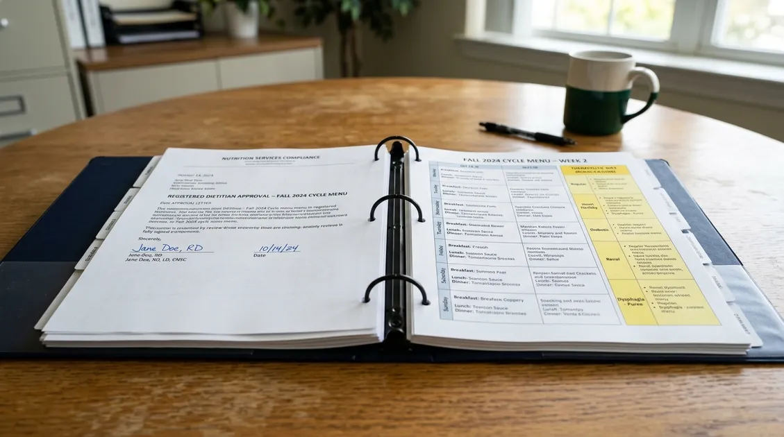 Organized compliance binder open to a signed RD Approval Letter and cycle menu documentation Organized compliance binder open to a signed RD Approval Letter and cycle menu documentation