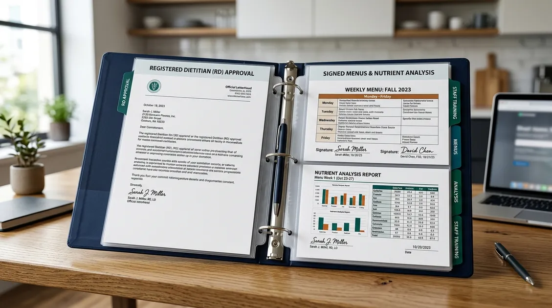 Dietitian-Approved Cycle Menus for Senior Care Facilities - Registered Dietitian reviewing nutritional analysis reports on a tablet in a senior care kitchen Dietitian-Approved Cycle Menus for Senior Care Facilities - Registered Dietitian reviewing nutritional analysis reports on a tablet in a senior care kitchen