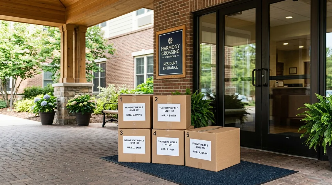 Organized grocery delivery boxes labeled by meal day arriving at a small residential care facility Organized grocery delivery boxes labeled by meal day arriving at a small residential care facility