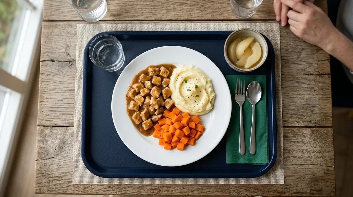 Overhead photo of a complete IDDSI Level 6 lunch plate with diced chicken in gravy and soft steamed vegetables Overhead photo of a complete IDDSI Level 6 lunch plate with diced chicken in gravy and soft steamed vegetables