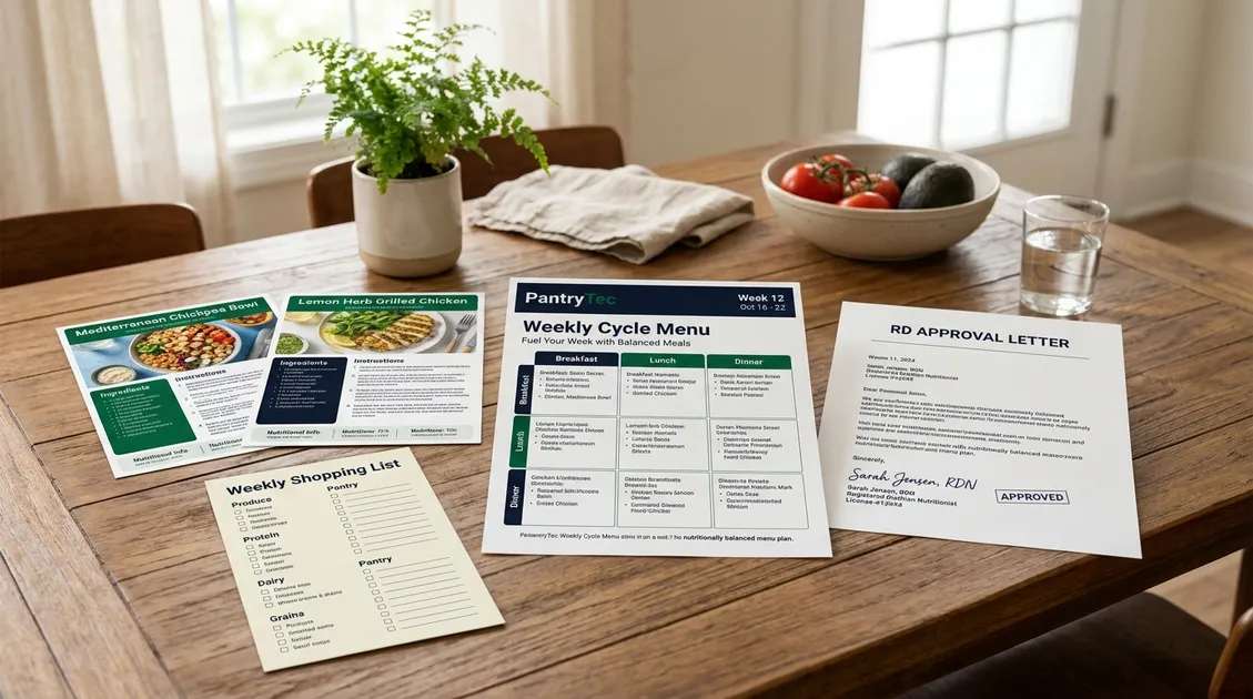 PantryTec menu package spread on a table showing printed cycle menu, recipes, shopping list, and RD approval letter PantryTec menu package spread on a table showing printed cycle menu, recipes, shopping list, and RD approval letter
