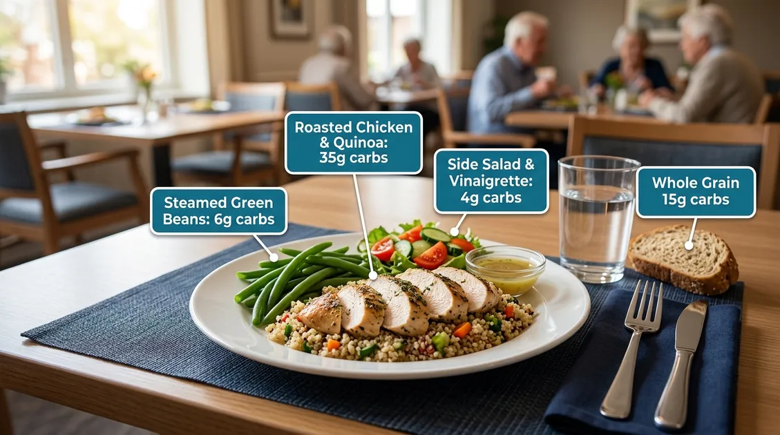 Dietitian-Approved Cycle Menus for Senior Care Facilities - Plated diabetic-friendly meal on senior care tray with carbohydrate gram labels Dietitian-Approved Cycle Menus for Senior Care Facilities - Plated diabetic-friendly meal on senior care tray with carbohydrate gram labels