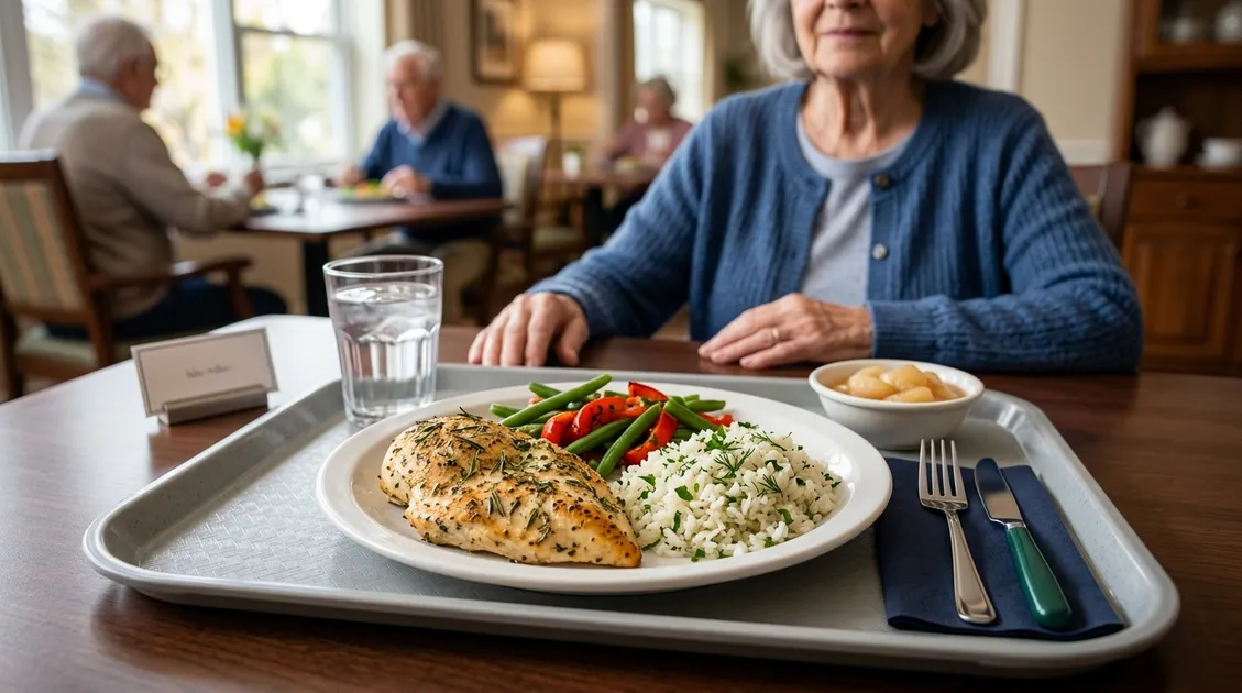 Dietitian-Approved Cycle Menus for Senior Care Facilities - Plated renal-friendly senior care meal with grilled chicken, steamed vegetables, and rice Dietitian-Approved Cycle Menus for Senior Care Facilities - Plated renal-friendly senior care meal with grilled chicken, steamed vegetables, and rice